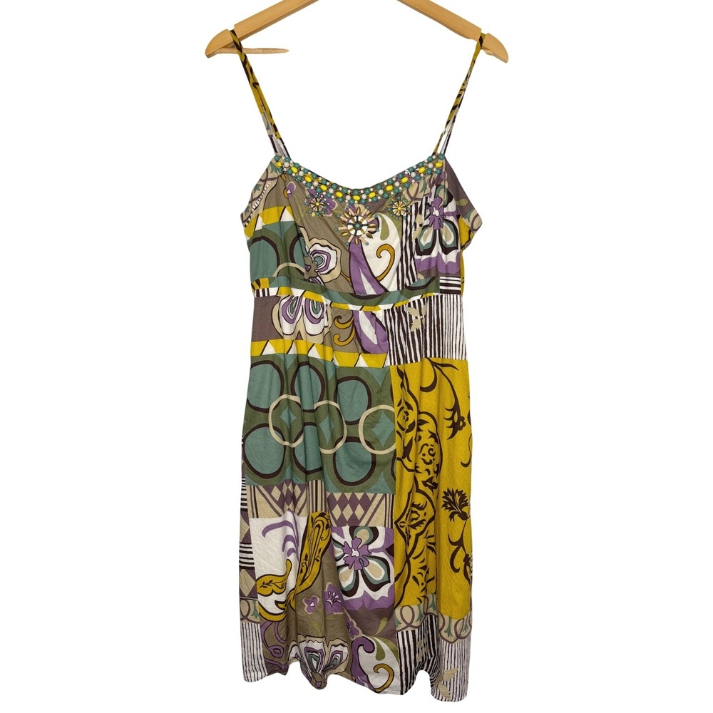 CAbi Patchwork Beaded Cotton Sundress Size 12 Yellow Green Boho Eclectic Chic